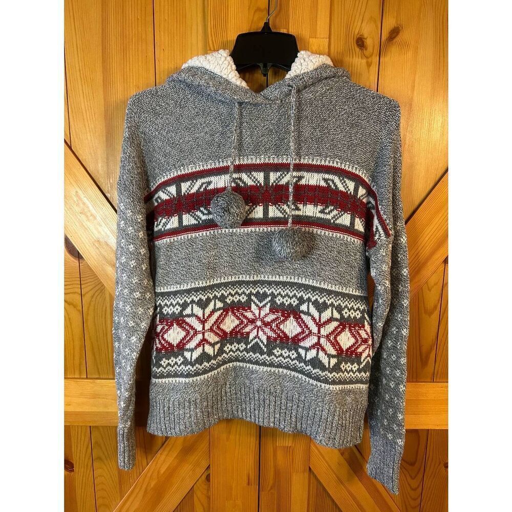 Yes Lola Hooded Cropped Knit Sweater Gray Lined Hood Pom Poms Size Large (5365)